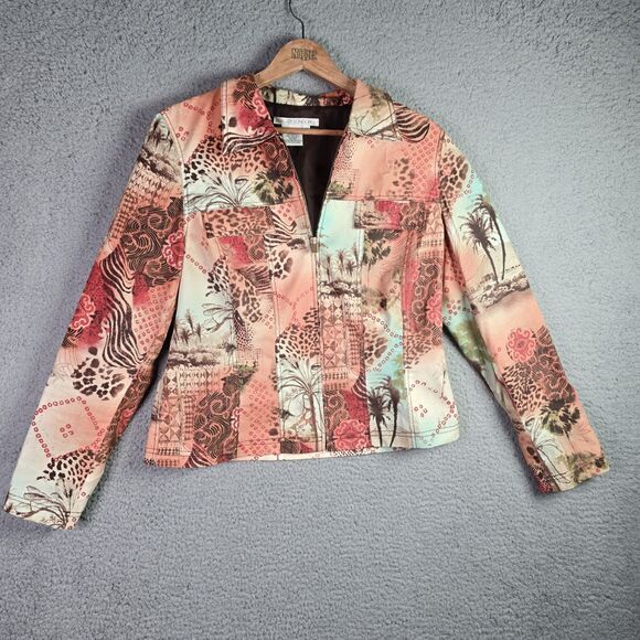 Maggy London Coral Patchwork Cotton Tropical Zip Front Vintage Y2K Jacket 12 - Picture 1 of 10